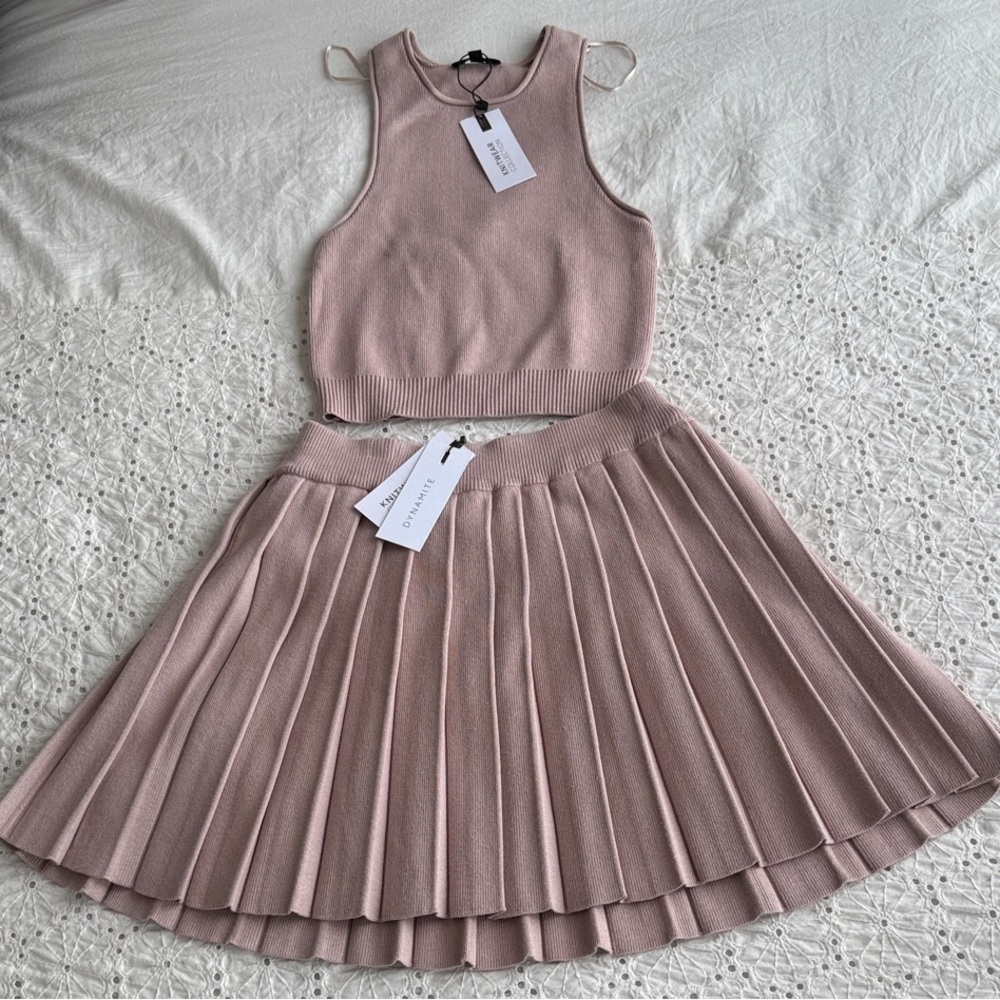 Dynamite Pink Sleeveless Crop Top and Pleated Skirt Set